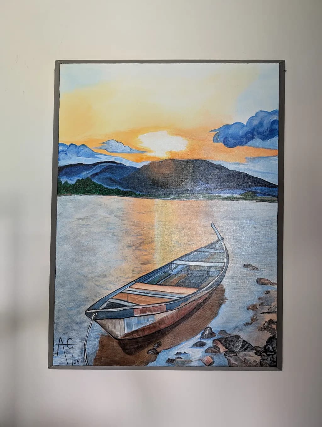 Serenity at Sunset: A Tranquil Boat Reflection on Water's Edge