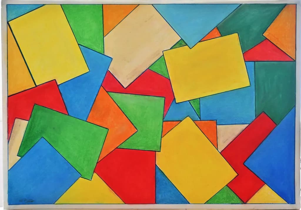 Vibrant Geometric Harmony: A Playful Dance of Colorful Shapes in Abstract Composition