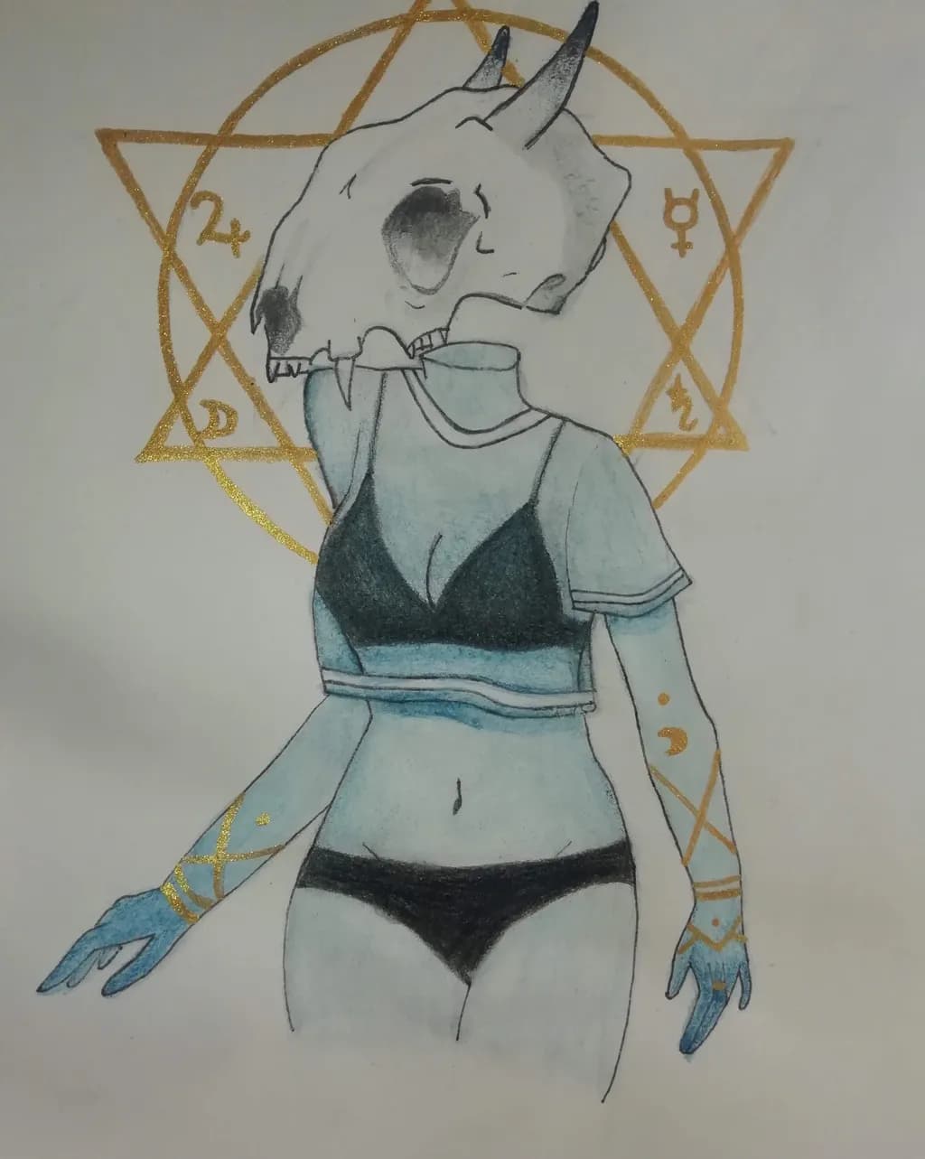 Mystical Elegance: A Stylized Fantasy Portrait of the Occult with Skull Motif and Celestial Symbols