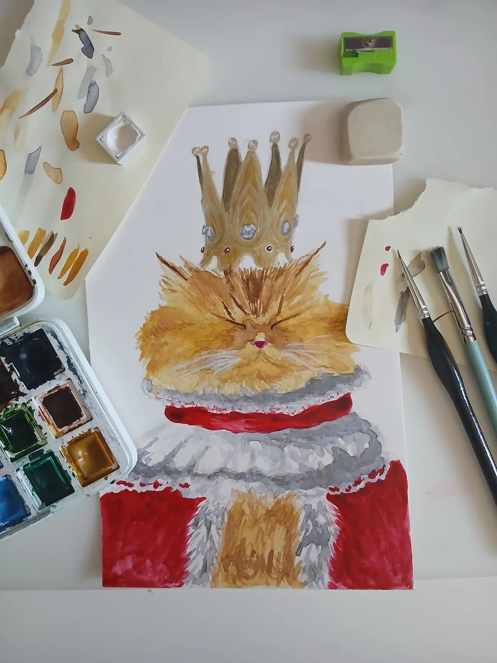 Whimsical Royalty: A Watercolor Portrait of a Regal Cat