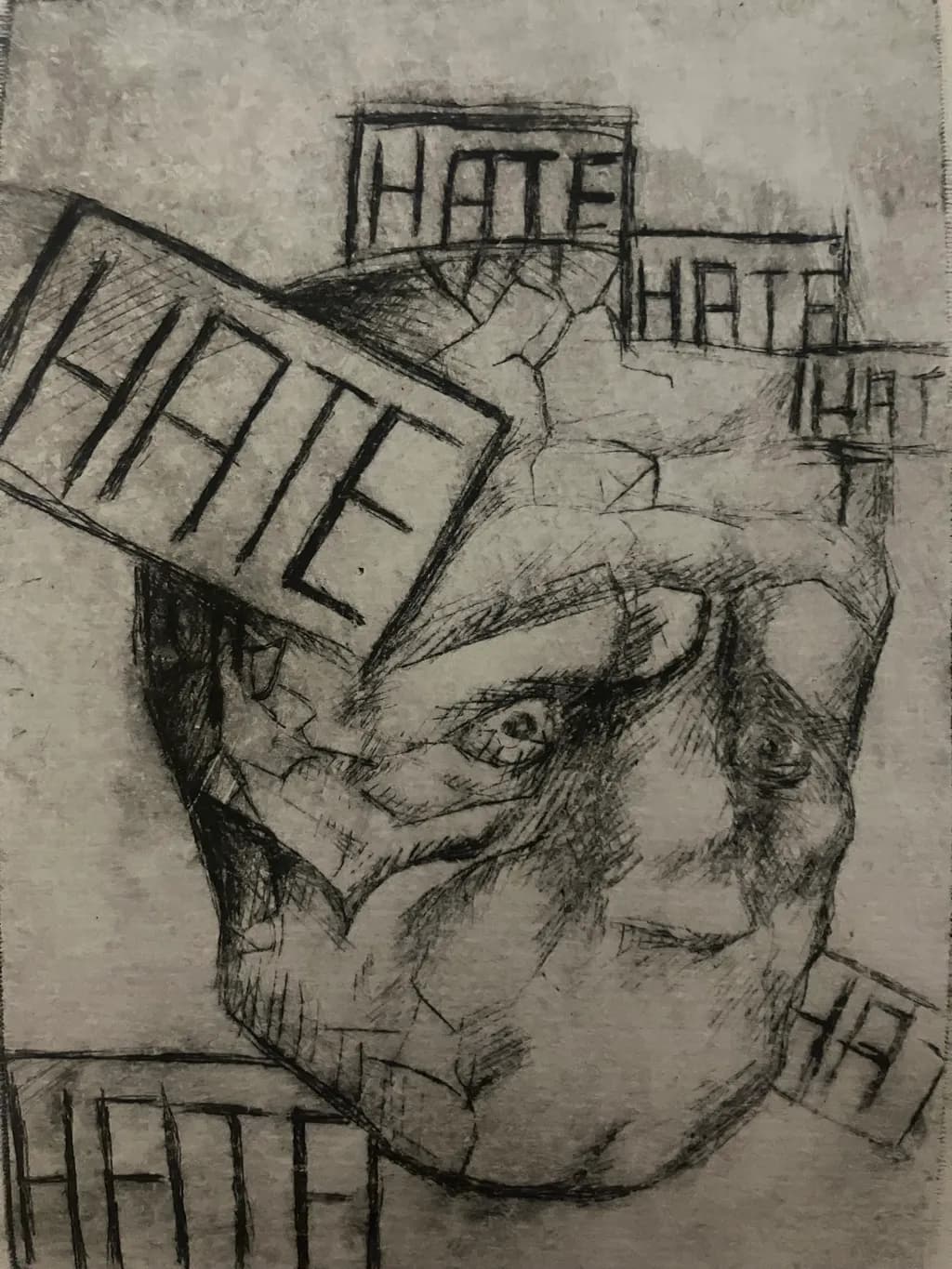 Fragmented Emotions: The Weight of Hate in a Cracked Facade