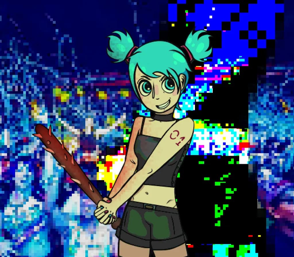 Playful Glitch: A Cartoon Character with a Twist of Blue and Mischief