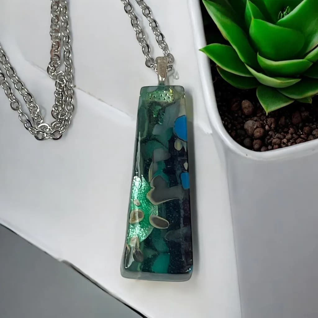 Oceanic Elegance: Handcrafted Dichroic Glass Pendant with Silver Chain