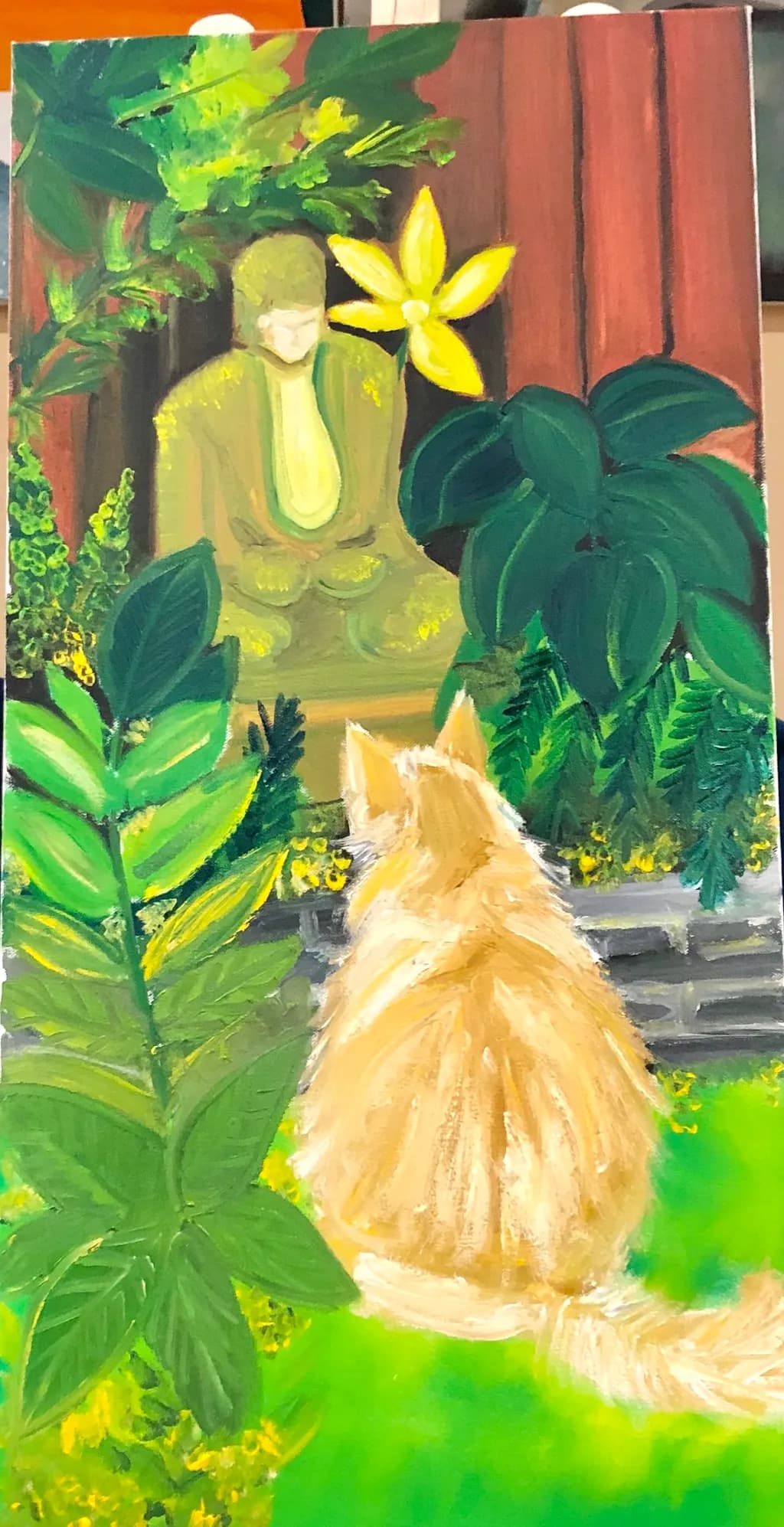 Cat and Statue in Greenery - Oil on Canvas