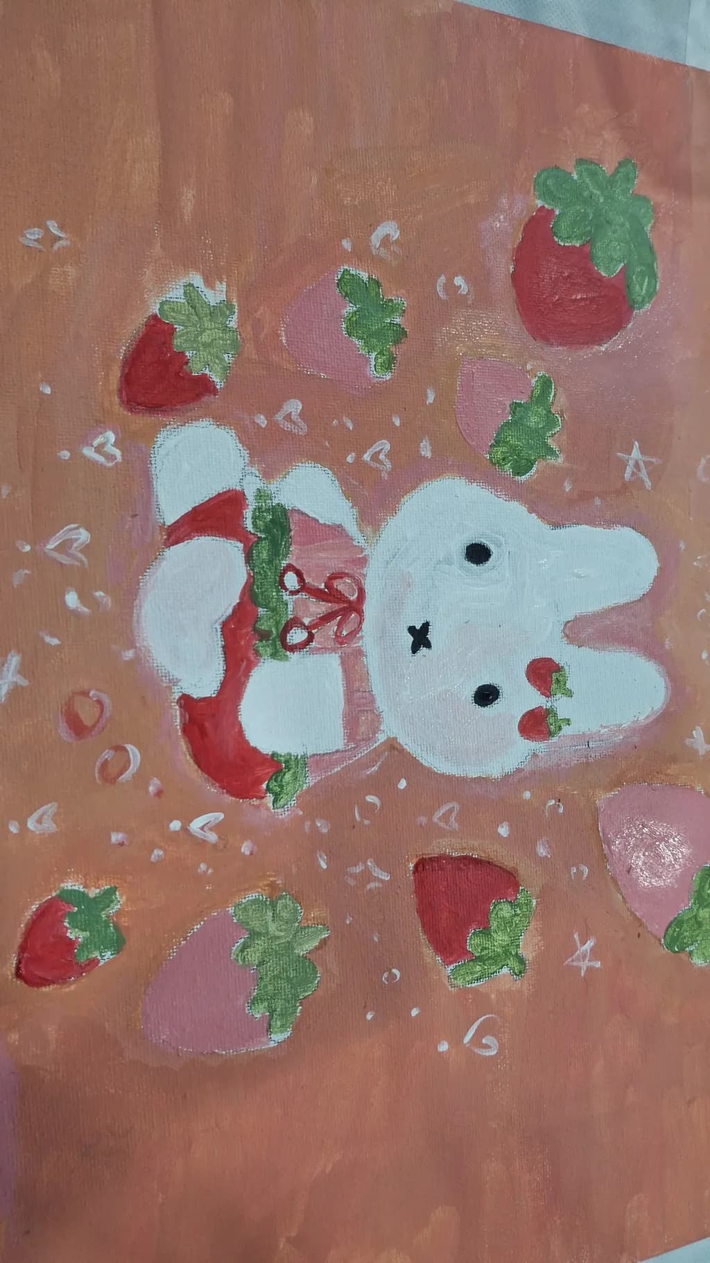 Whimsical Bunny in a Strawberry Dreamscape: A Playful Art Piece Celebrating Sweetness and Joy