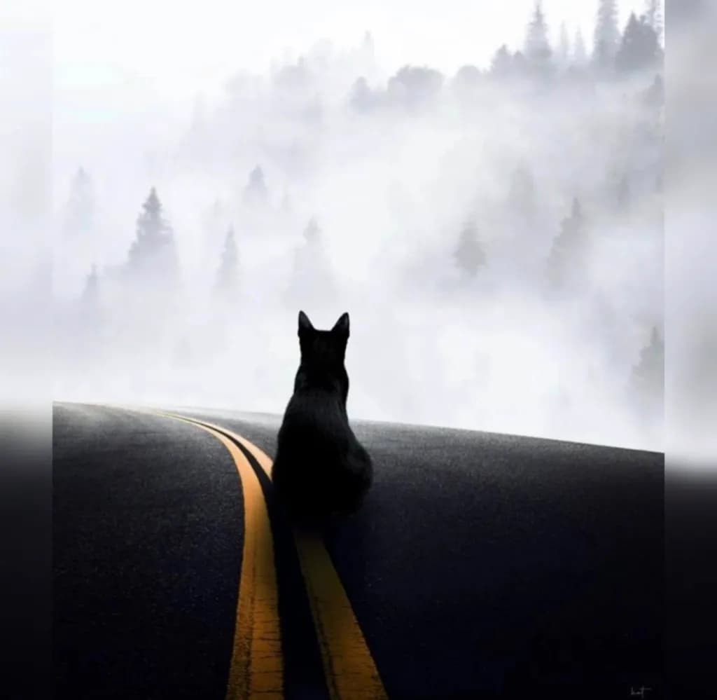 Whispers of Solitude: A Journey Through the Foggy Forest Road with a Mysterious Companion