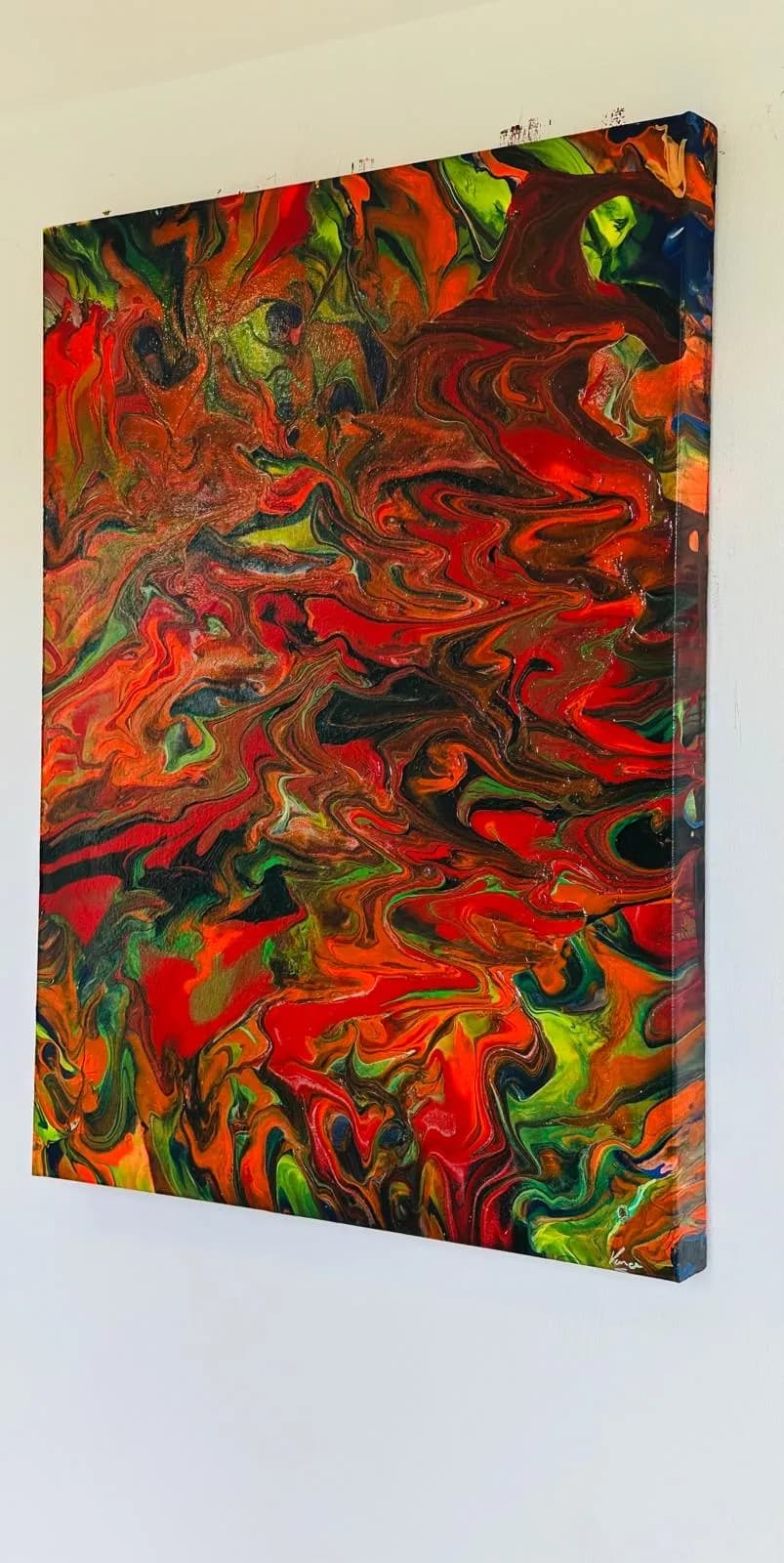 Vibrant Whirlwind: A Dance of Red, Green, and Gold in Abstract Expressionism