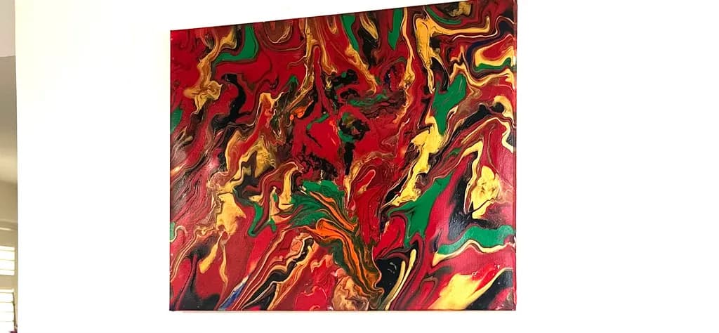 Vibrant Whirlwind: A Dance of Red, Green, and Gold in Abstract Expressionism