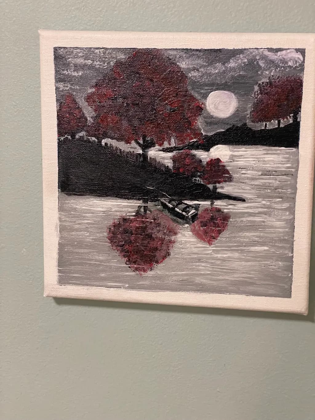 Whispers of the Moonlit Landscape: A Serene Reflection of Red Trees and Water