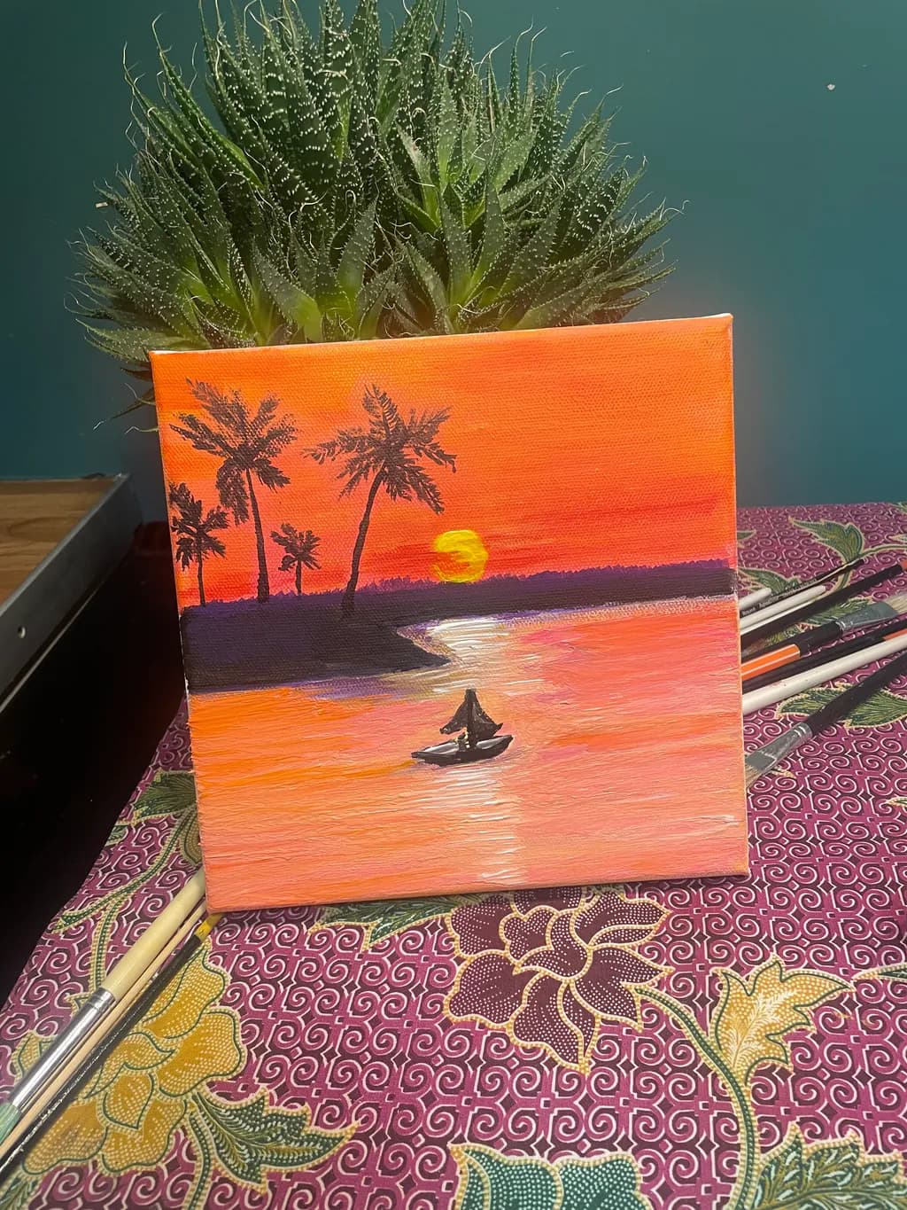 Serene Sunset: A Tranquil Journey Across Vibrant Waters with Palm Silhouettes and a Sailboat