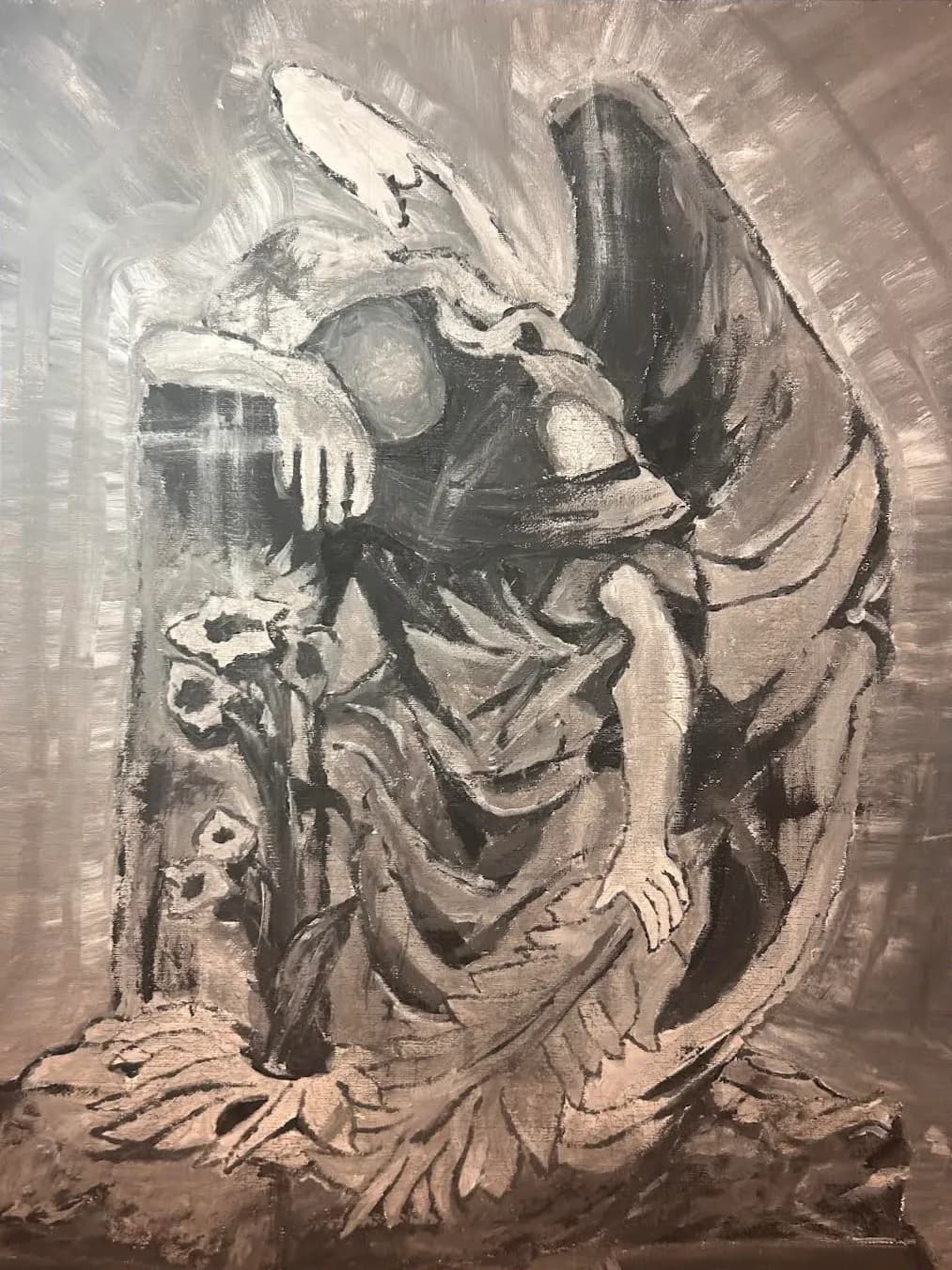 Ethereal Mourning – Monochromatic Angel Art | Acrylic Painting | Symbolic Figure | Contemporary Wall Art for Reflection & Remembrance