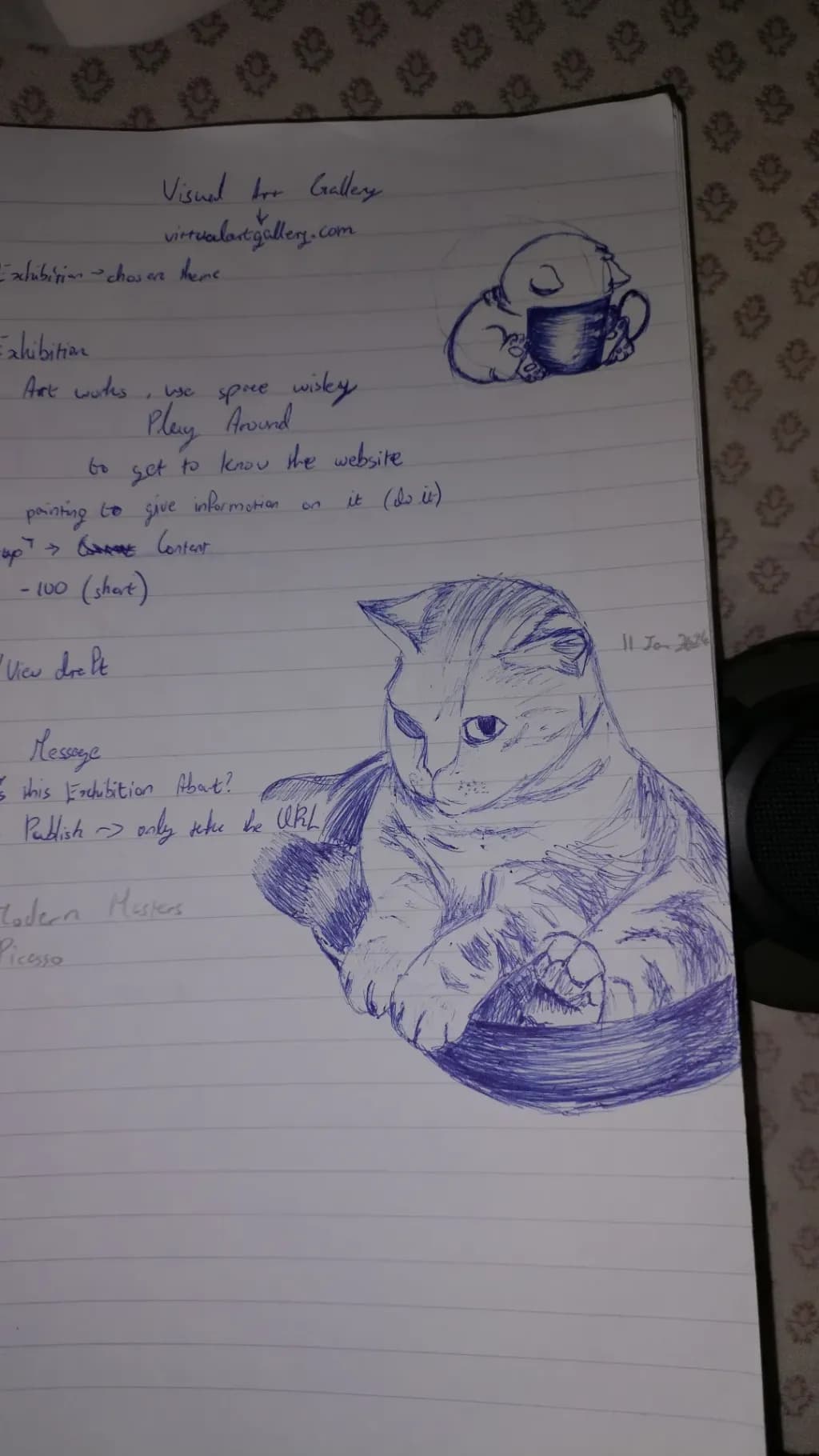 Whimsical Blue Cat Sketch: A Creative Notebook Illustration
