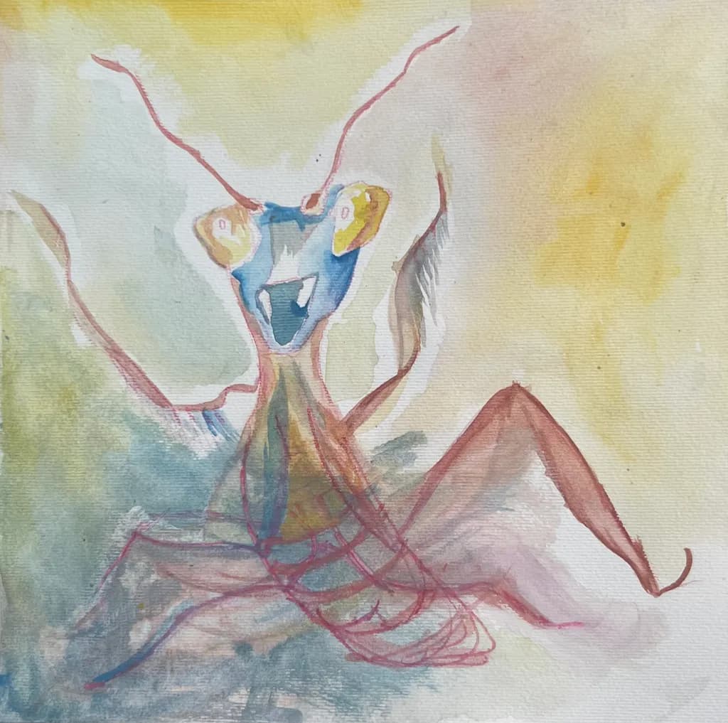 Whimsical Dance of the Colorful Mantis: A Watercolor Exploration of Nature's Intrigue
