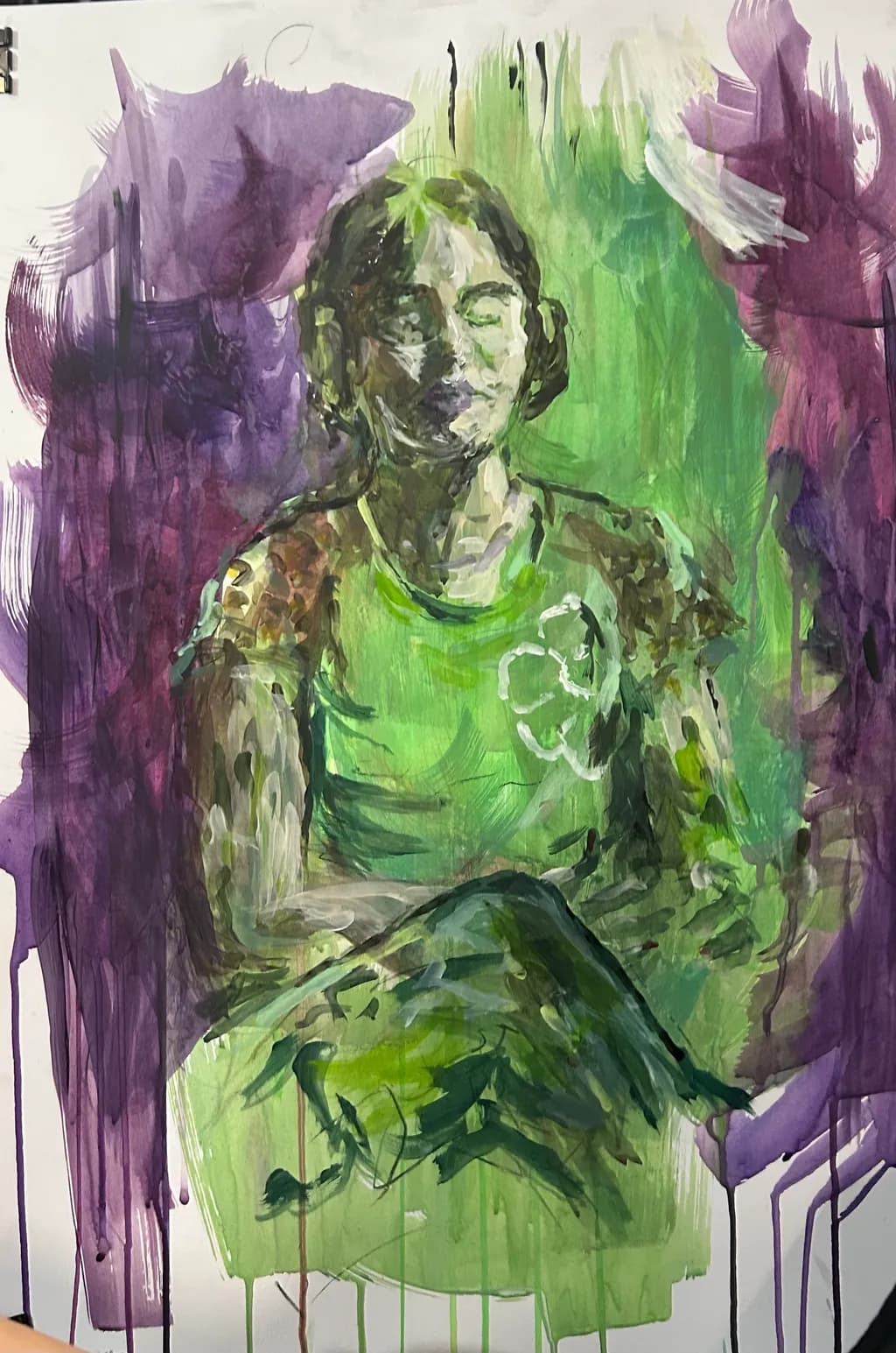 Whispers of Serenity: A Vibrant Portrait in Green and Purple Hues