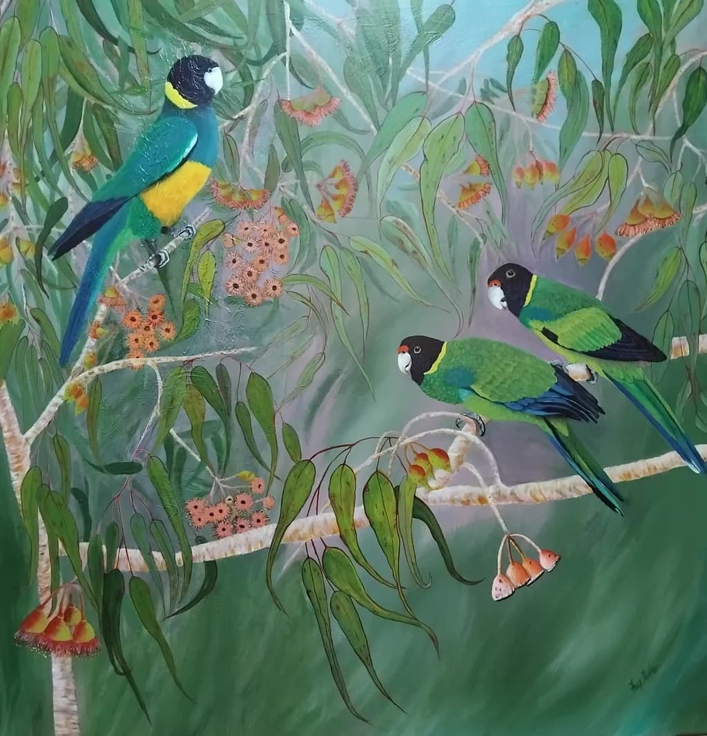 Colorful Parrots in Bloom