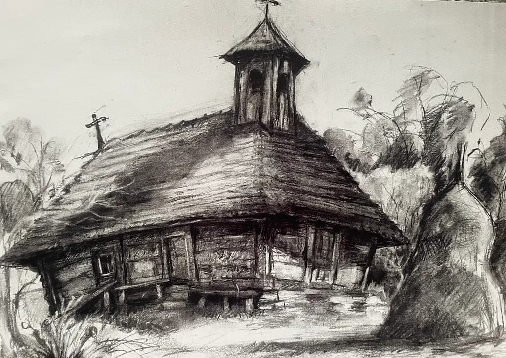 Whispers of the Past: A Charcoal Study of a Rustic Homestead