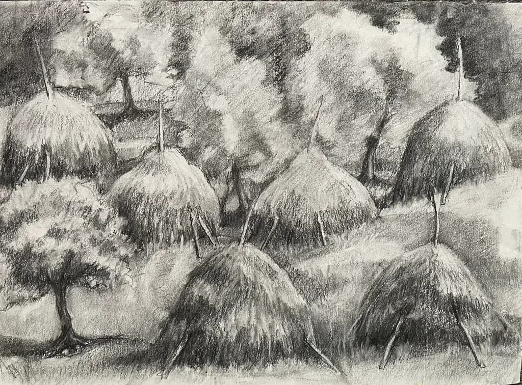 Whispers of the Harvest: A Serene Landscape of Haystacks and Trees