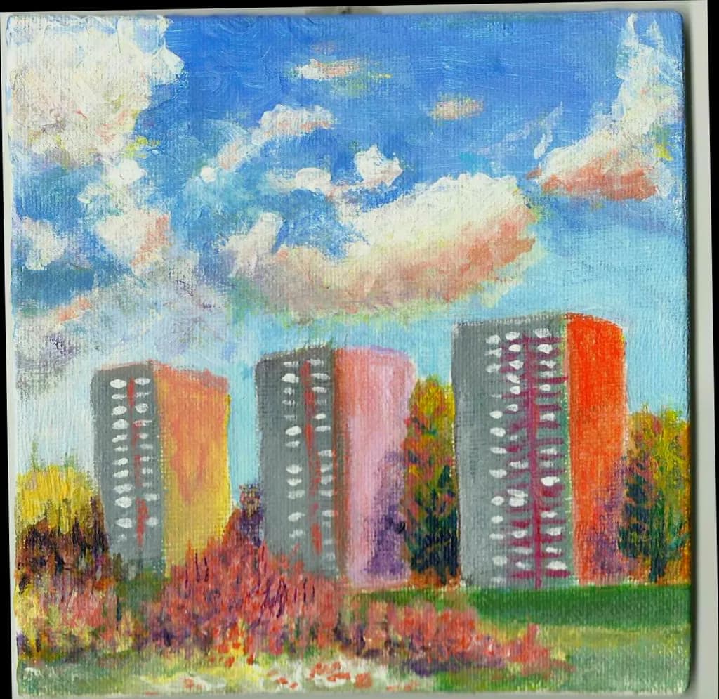 Urban Serenity: A Vibrant Cityscape Under a Dreamy Sky
