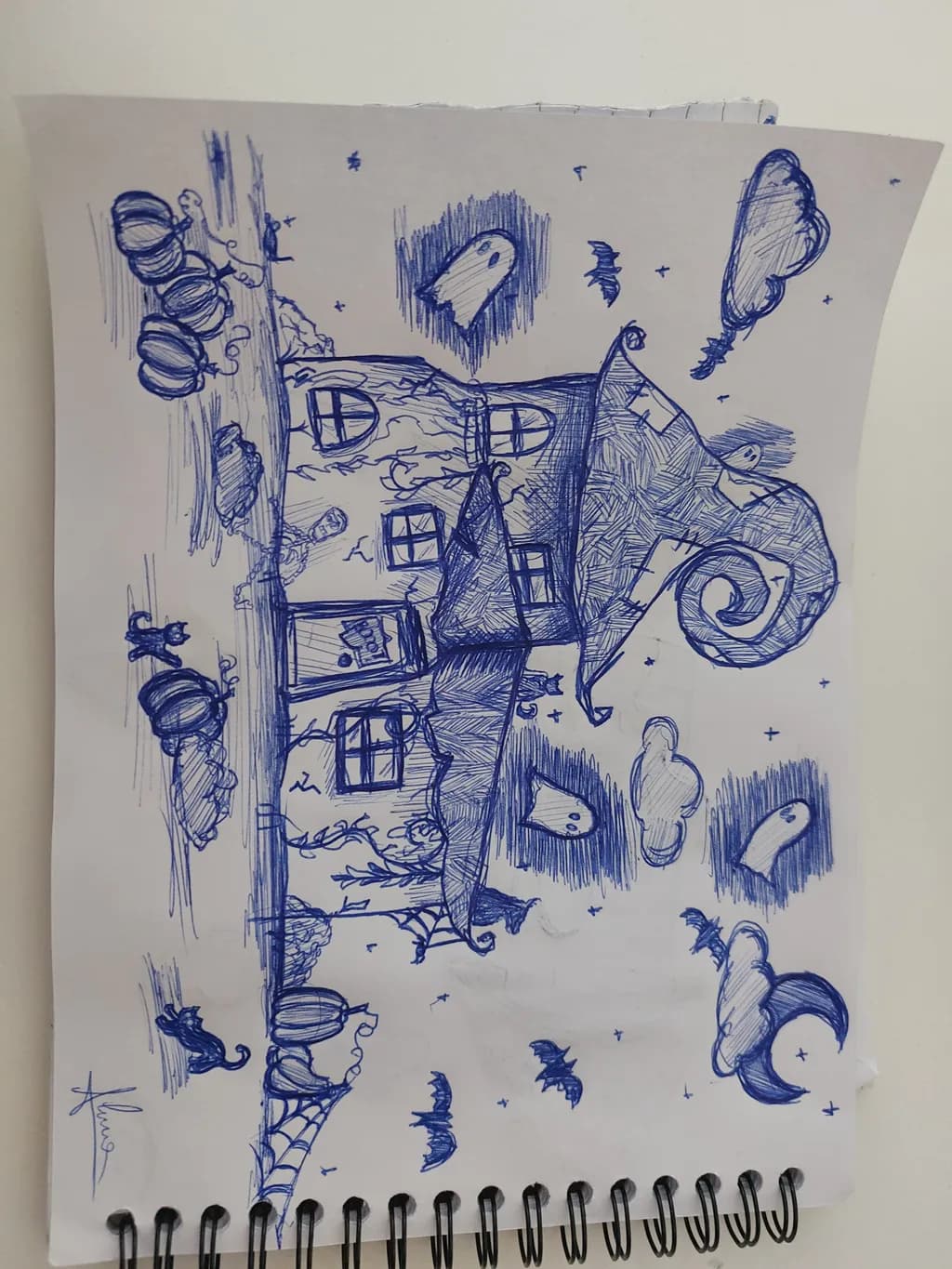 Whimsical Haunted House: A Spooky Sketch of Ghosts, Bats, and Pumpkins