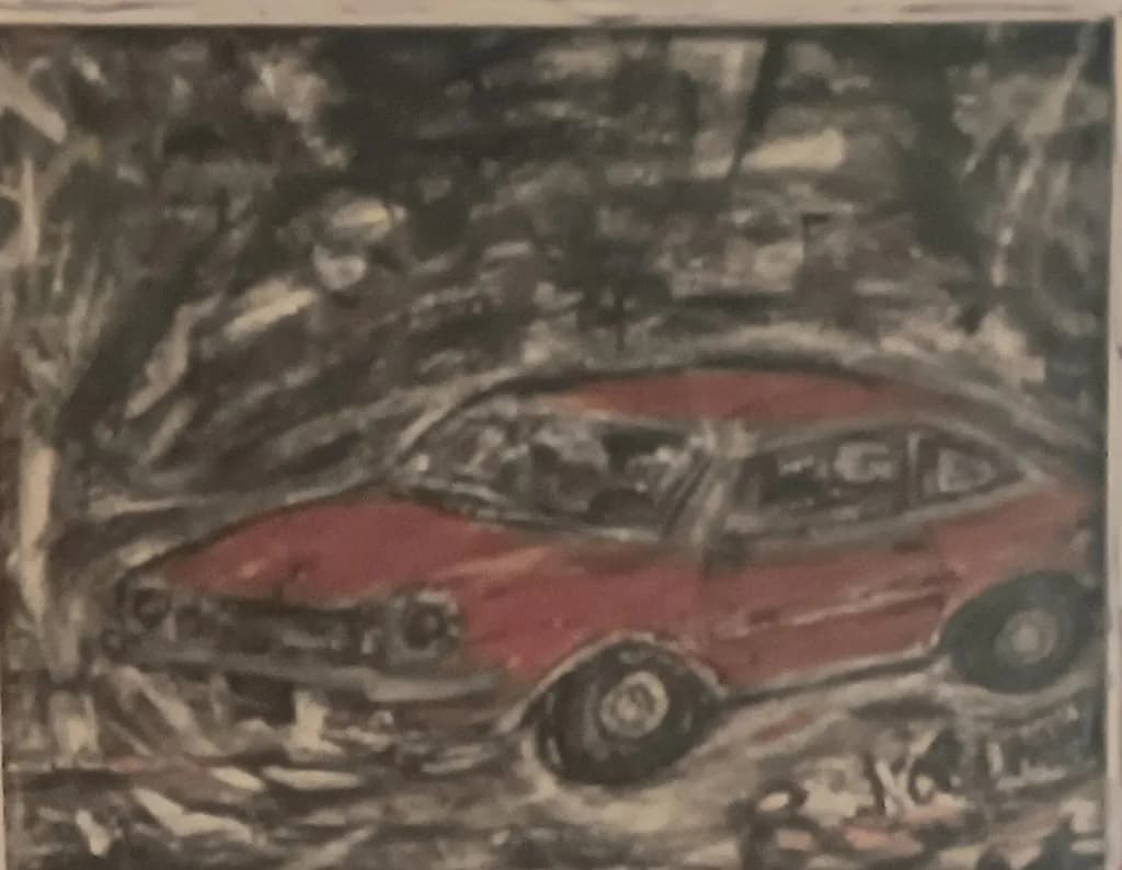 Vibrant Journey: A Red Car in Motion Through Abstract Landscapes