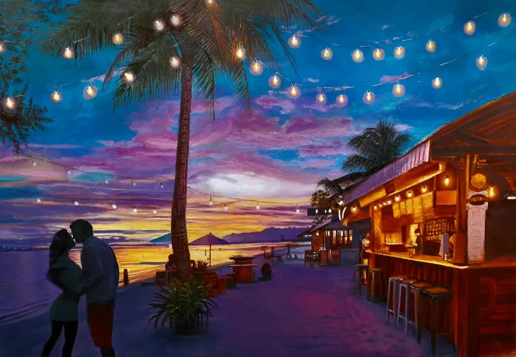 Sunset Serenade: A Romantic Evening by the Shoreline with Twinkling Lights and Tropical Vibes