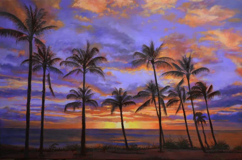 "Sunset Serenity: Embracing Nature's Palette with Palm Silhouettes"
