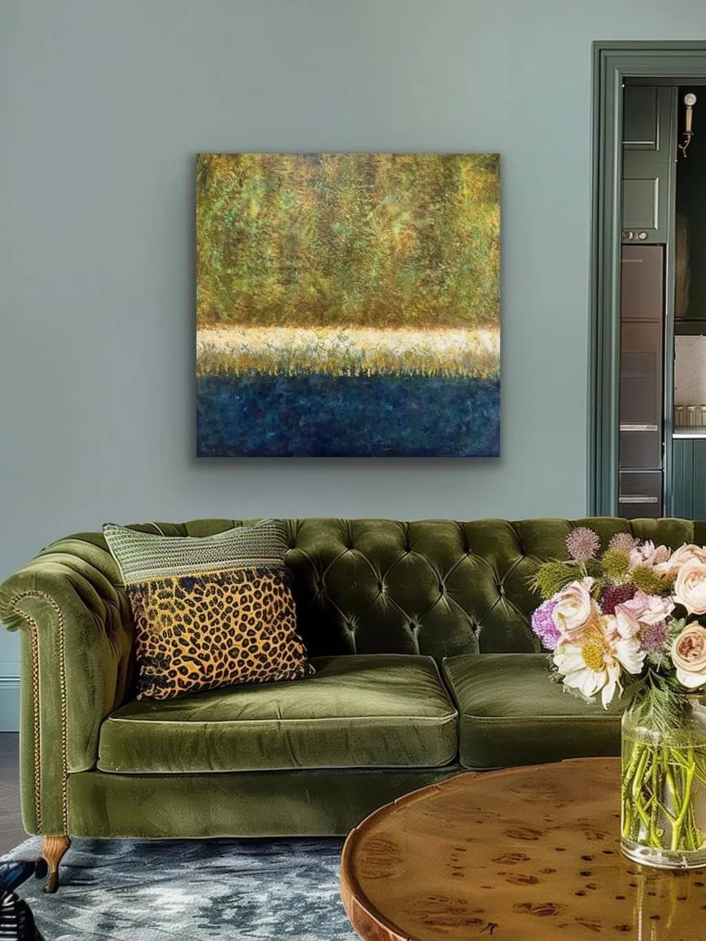 Serene Green Horizon: A Modern Floral Escape for Your Interior Space