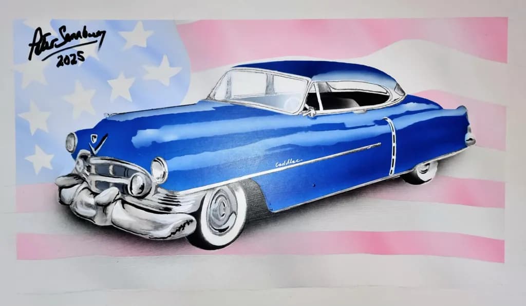 Classic American Dream: Retro Blue Cadillac on a Star-Spangled Canvas