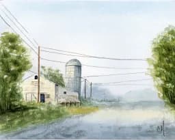 Pale Barn and Silo at the edge of morning