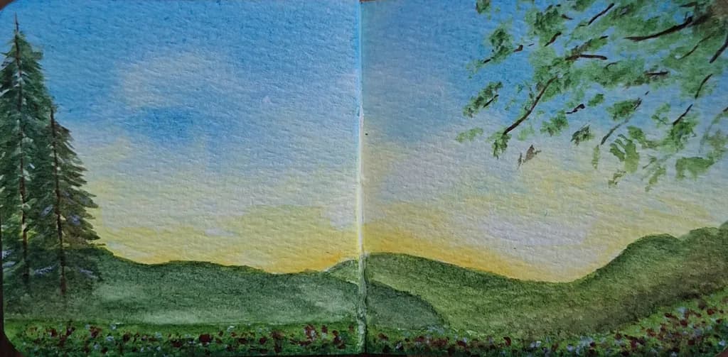 Whispers of Dawn: A Serene Watercolor Landscape of Hills and Trees