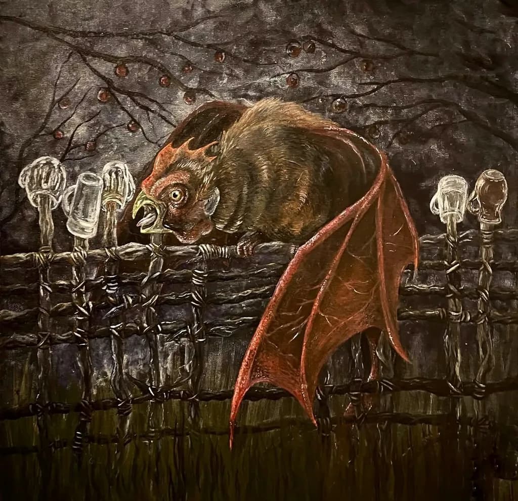 Whimsical Nocturne: The Enigmatic Bat on the Fence