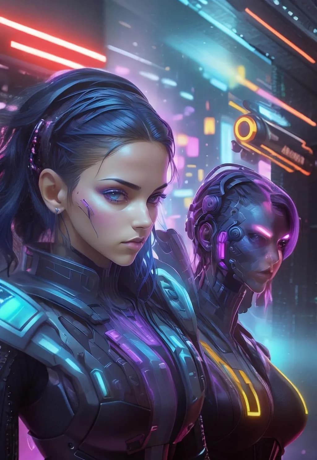 Futuristic Guardians: A Neon Odyssey of Cybernetic Femininity