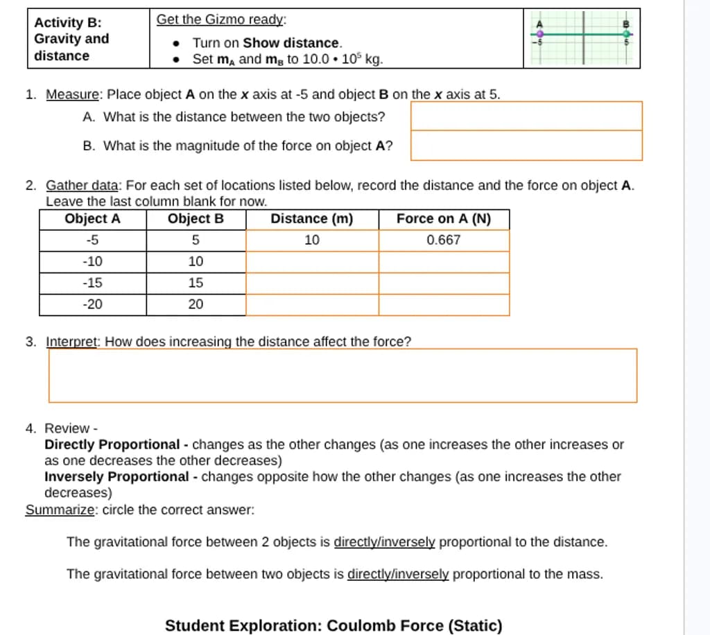 Gravity and Distance Worksheet