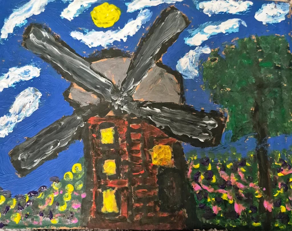Whimsical Windmill Under a Bright Sun: A Colorful Landscape Painting