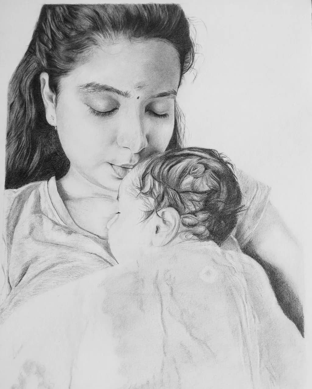Tender Embrace: A Mother’s Love Captured in Pencil and Paper