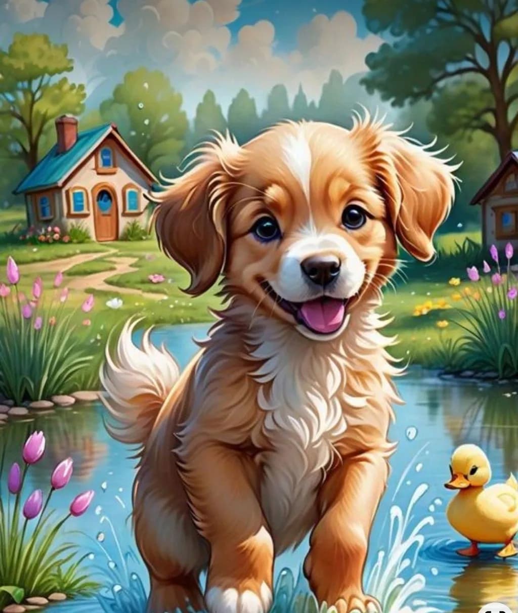 Joyful Puppy Splashing in a Serene Countryside Scene