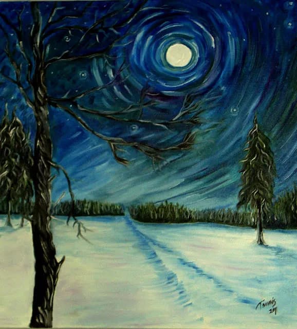 Moonlit Whispers: A Snowy Night's Embrace in Swirling Landscapes