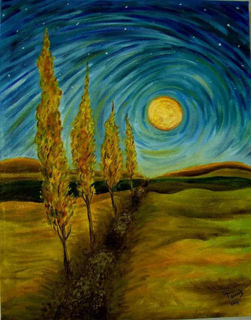 Whispers of Moonlight: A Vibrant Landscape of Swirling Colors and Tall Trees