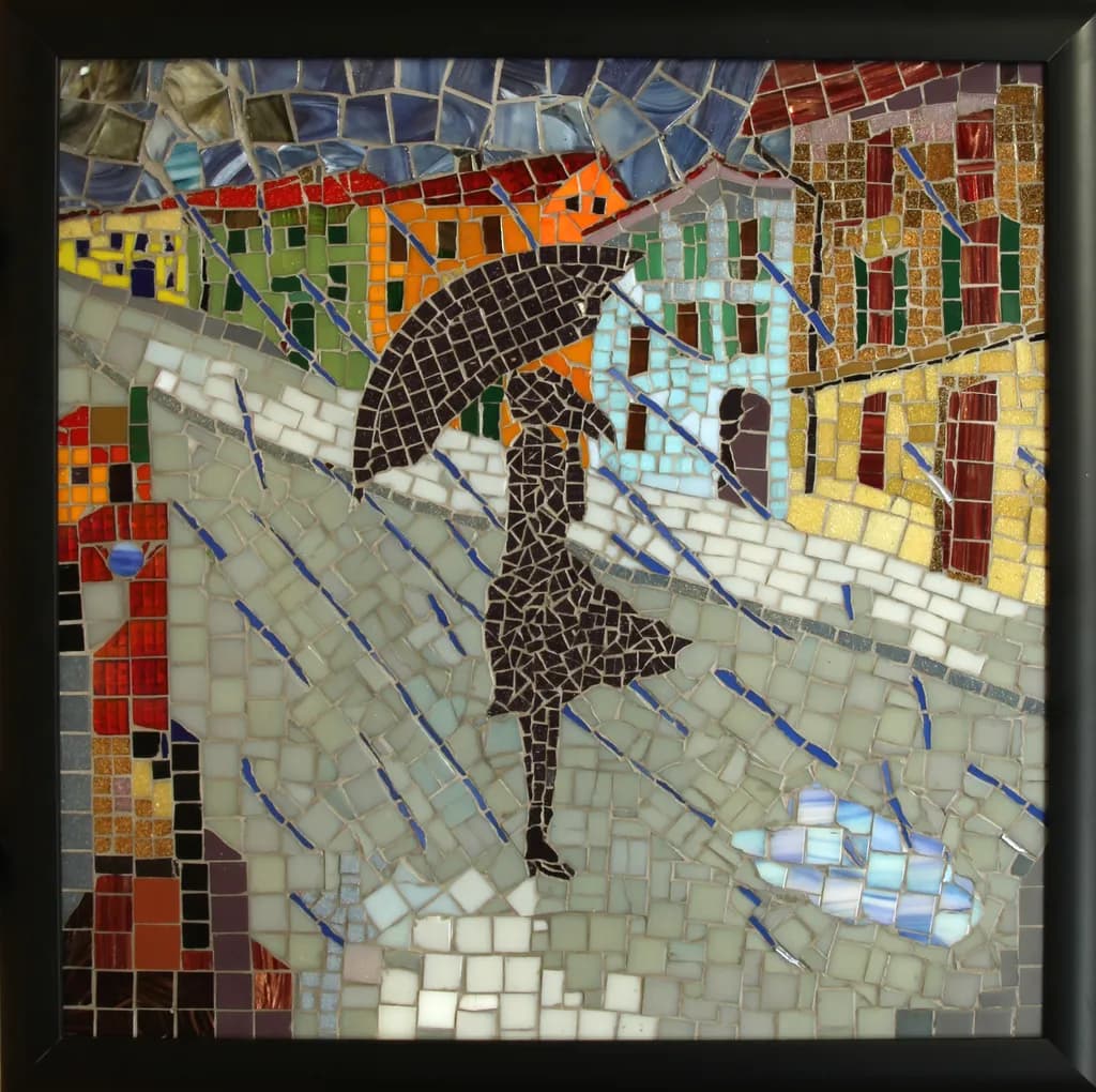 Colorful Mosaic Cityscape: A Rainy Day with Umbrella Elegance
