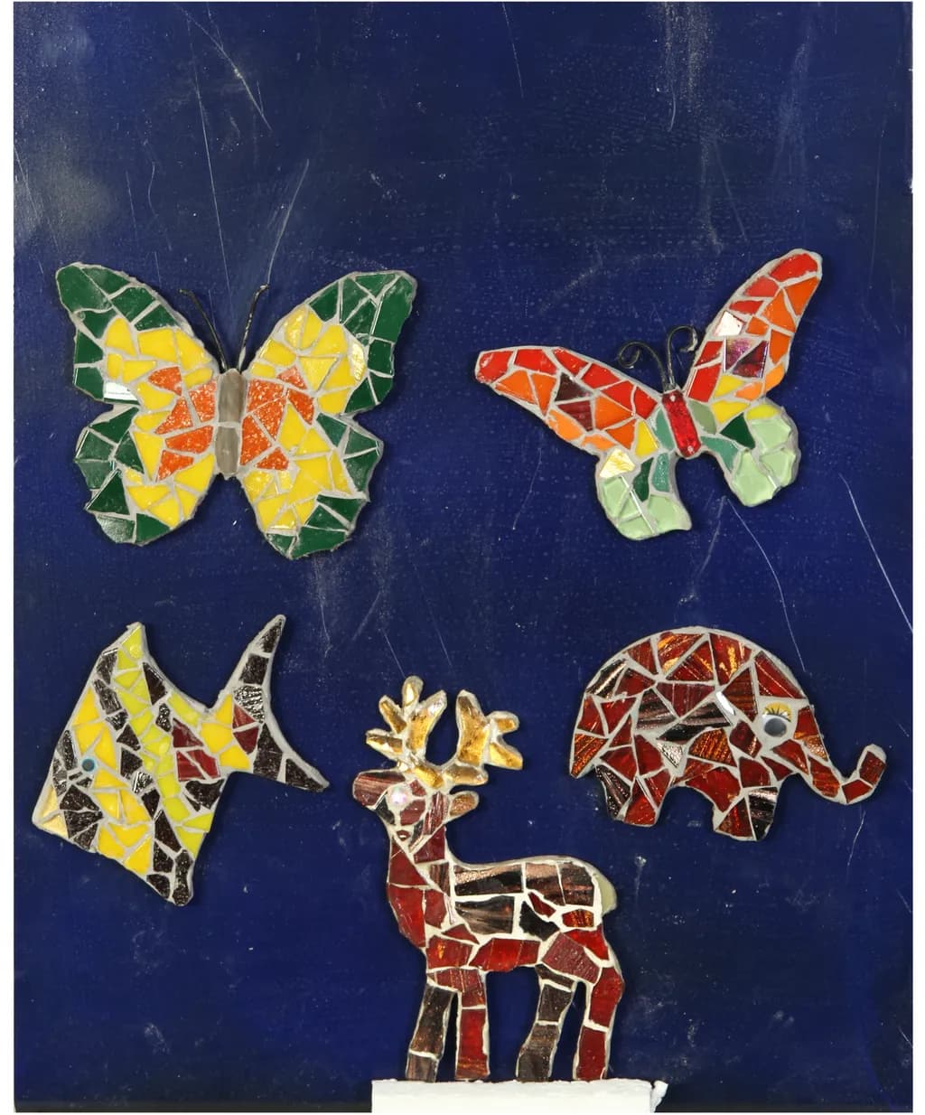 Mosaic Menagerie: Vibrant Butterflies and Playful Animals on Deep Blue Canvas