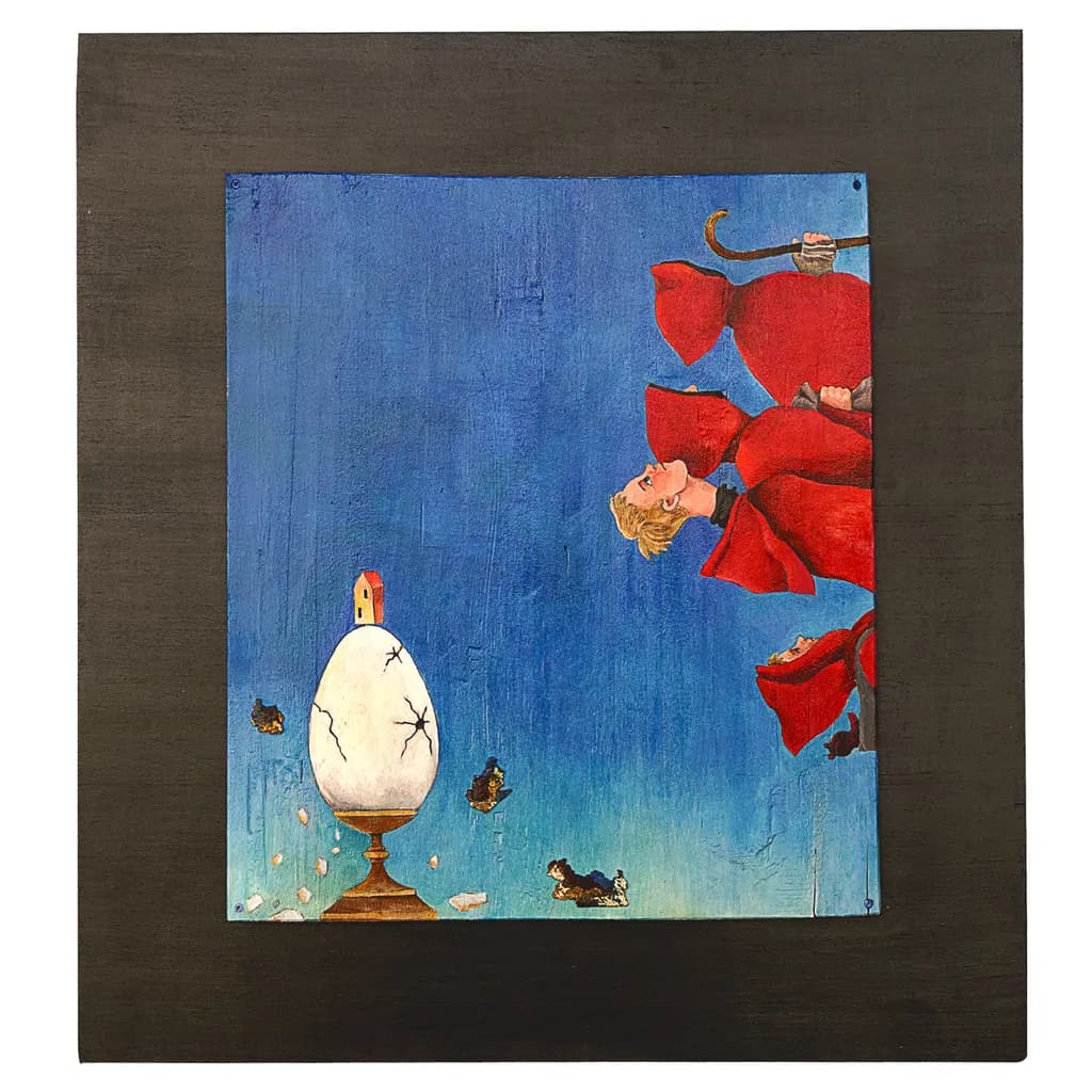 Whimsical Reverie: The Cracked Egg and the Enigmatic Figures in Red