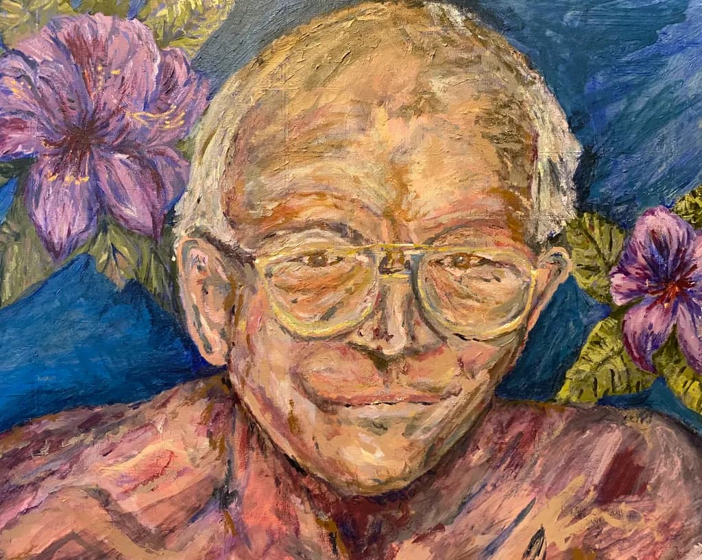Whispers of Wisdom: A Portrait of Resilience Amidst Blossoms