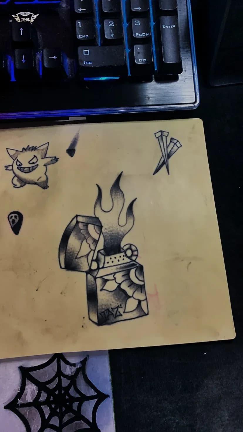 Flame-Kissed Lighter: A Tattoo Sketch of Fire and Design Elements