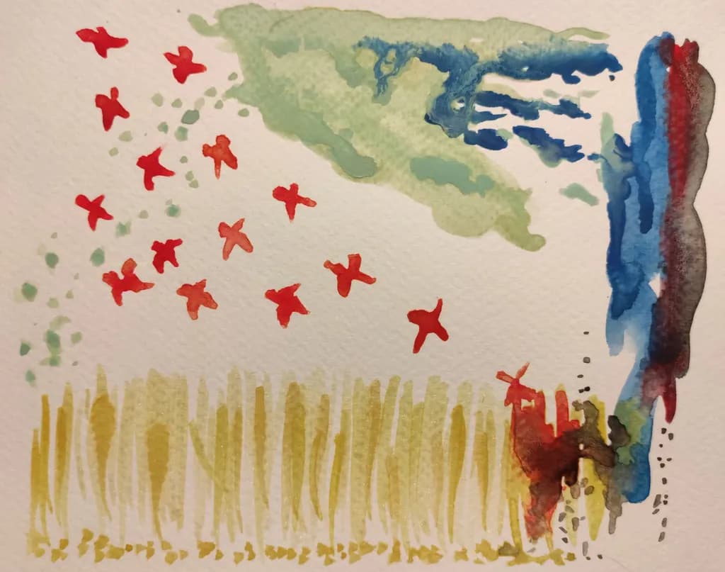 Whispers of Color: A Dance of Red Birds and Serene Landscapes