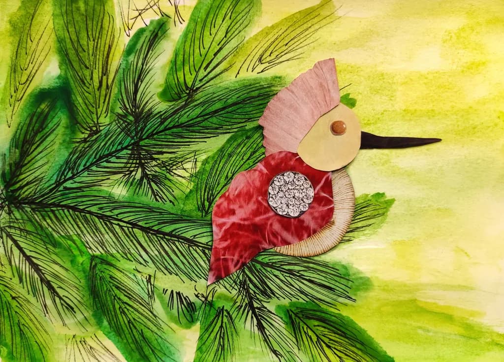 Whimsical Harmony: A Vibrant Bird Amidst Lush Greenery and Textured Nature Elements