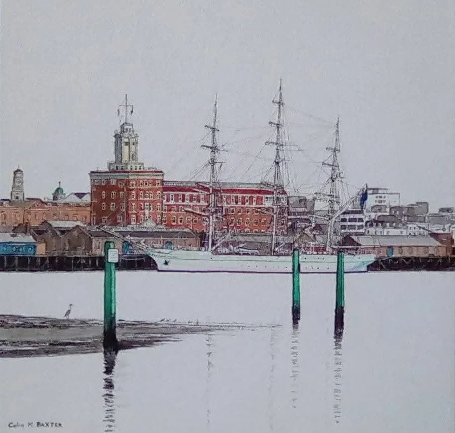 Harbor Reflections: A Serene Cityscape with Ships and Architecture