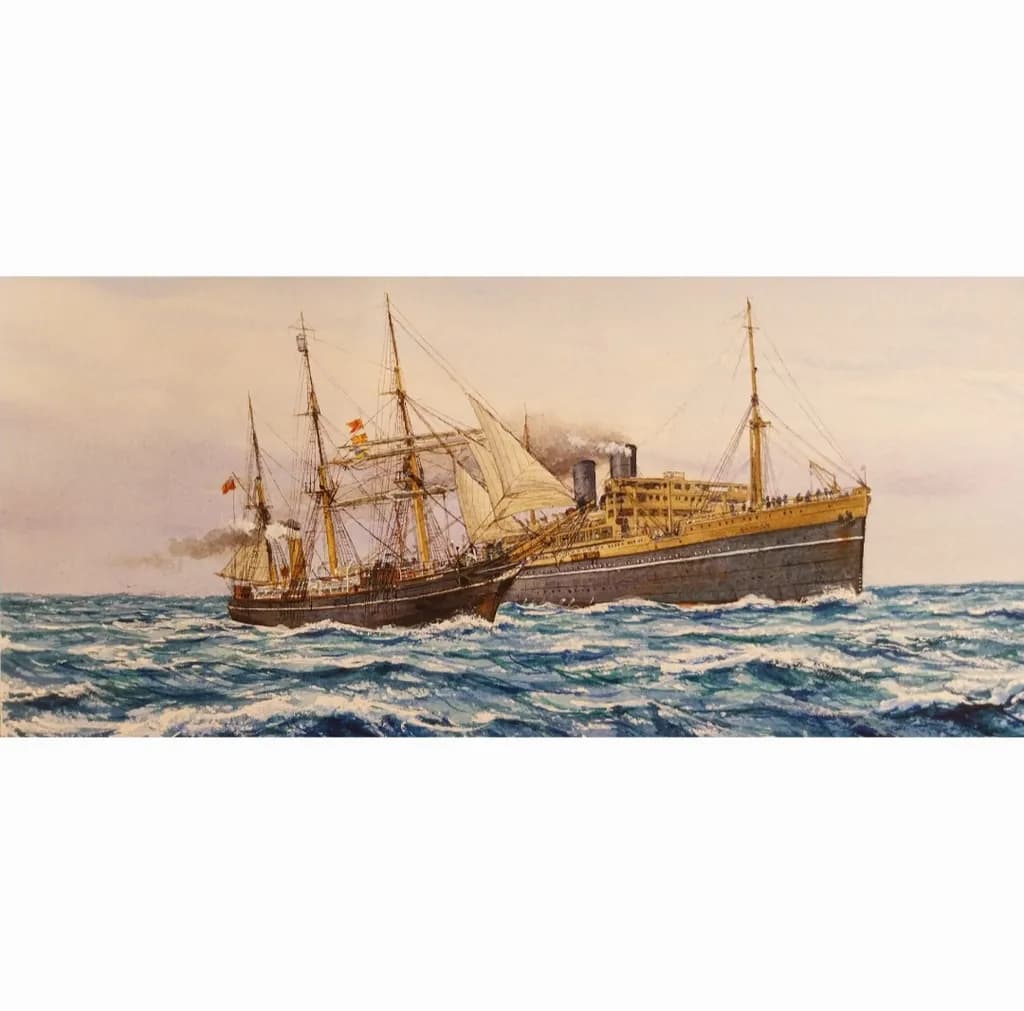 Majestic Maritime Encounter: A Dance of Sail and Steam on the Open Sea