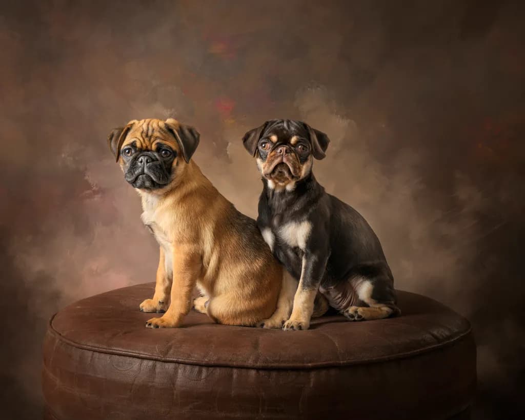 Whimsical Companions: A Portrait of Two Pugs on a Cozy Leather Ottoman