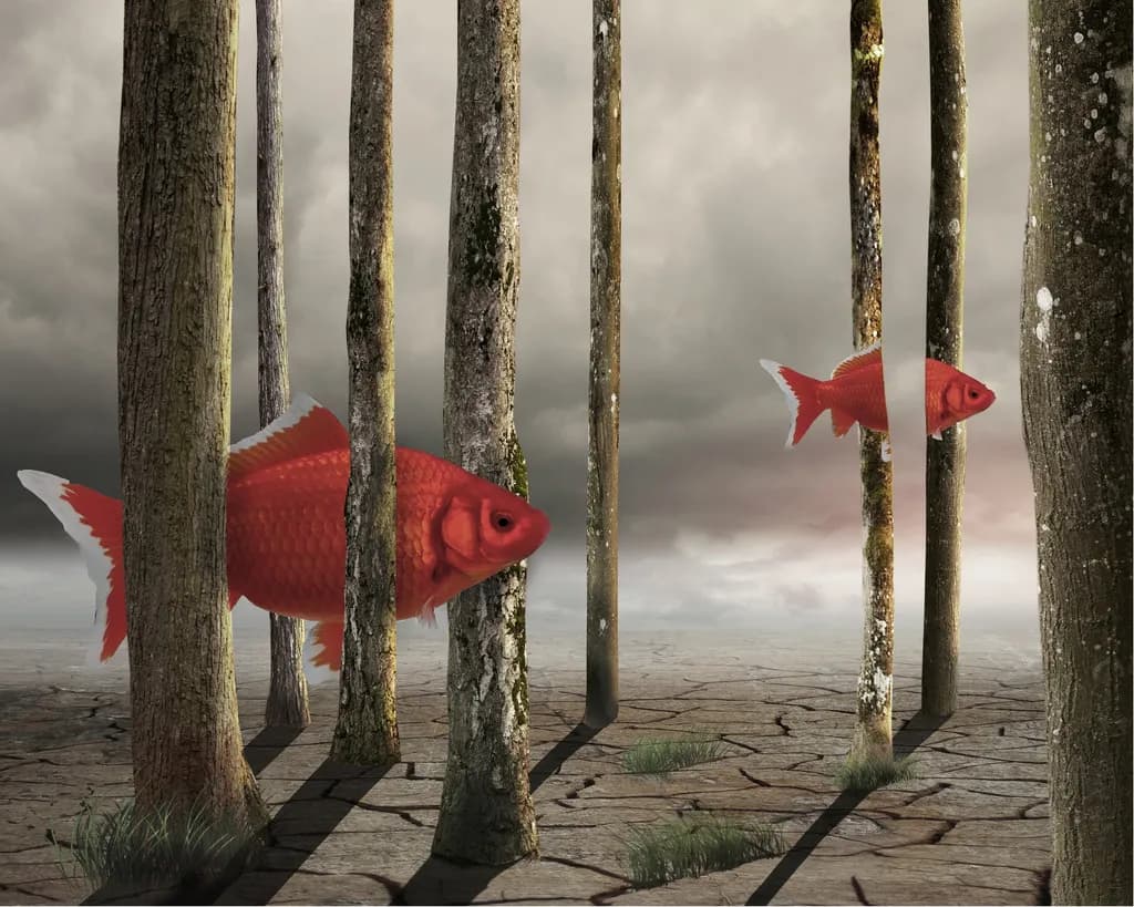 Whimsical Journey: Goldfish Swimming Through a Forest of Trees