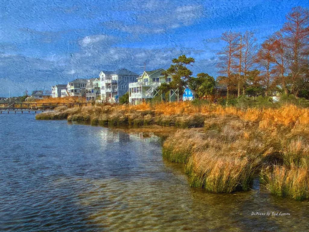 Serenity by the Shore: A Tranquil Waterscape of Coastal Homes and Golden Reeds